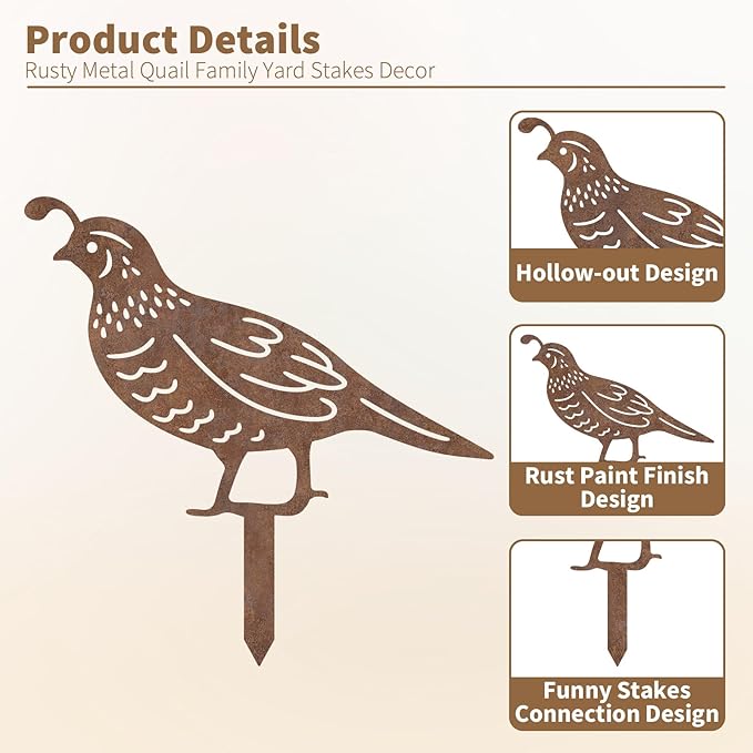 6Pcs Rusty Quail Yard Art Decor, Metal Birds Decorative Garden Stakes for Outside, Bird Lover Gifts for Women Mom Grandma Wife, Metal Garden Decor for Patio Lawn Pathway Backyard Ornament