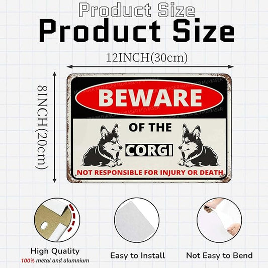 Beware Of The Dog Corgi Sign Aluminum Metal Tin Signs Outdoor Yard Sign Warning Sign For Fence Yard Home Kitchen Farm Garden Wall Decor 8x12 Inch