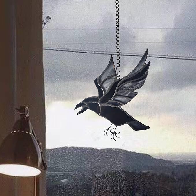 BOXCASA Raven Stained Glass Window Hangings,Crow Decorations for Halloween,Bird Suncatcher for Windows,Balconies,Yards,Walls