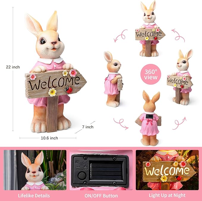 22" Solar Large Rabbit Statue Garden Decor Resin Standing Bunny Statue with Welcome Sign Outdoor Easter Decor for Porch Patio Lawn Yard Gardening Housewarming Gifts, Pink Rabbit