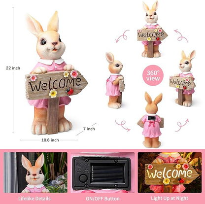 22" Solar Large Rabbit Statue Garden Decor Resin Standing Bunny Statue with Welcome Sign Outdoor Easter Decor for Porch Patio Lawn Yard Gardening Housewarming Gifts, Pink Rabbit