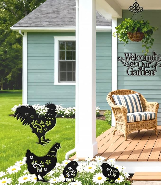 4 Pack Metal Yard Stake Decor, Weather-Proof Chicken Decor, Rooster Hen Chicks Silhouette Garden Sculptures & Statues Stakes for Outdoor Lawn, Patio, Flower Beds, Ideal Gardening & Country Gifts