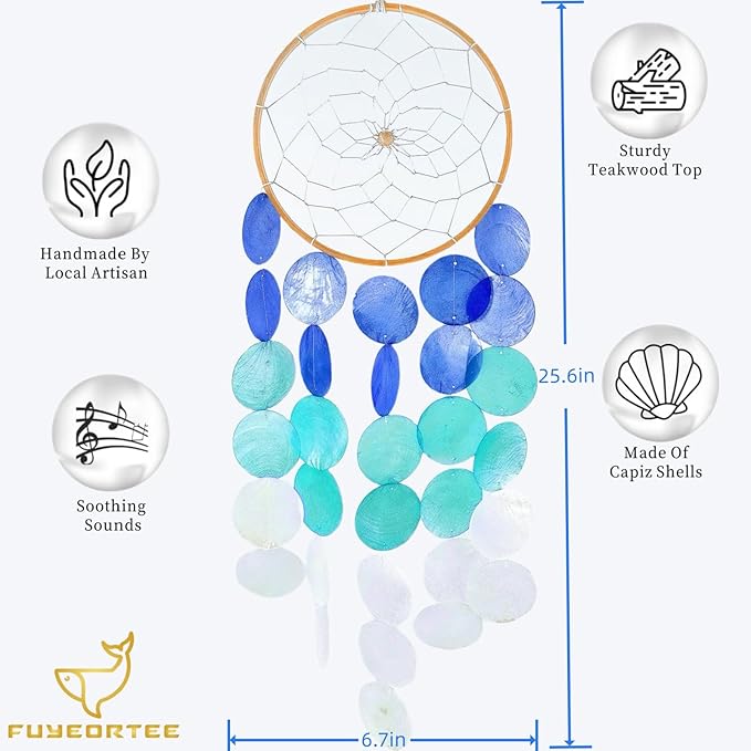 Wind Chimes for Outside Handcrafted Blue Dream Catchers Capiz Shells Seashell Sea Glass Arts Windchime Beach Coastal Crafts Garden Decor Gardening for Women Patio Finds