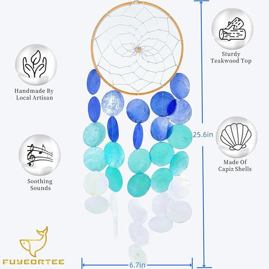 Wind Chimes for Outside Handcrafted Blue Dream Catchers Capiz Shells Seashell Sea Glass Arts Windchime Beach Coastal Crafts Garden Decor Gardening for Women Patio Finds