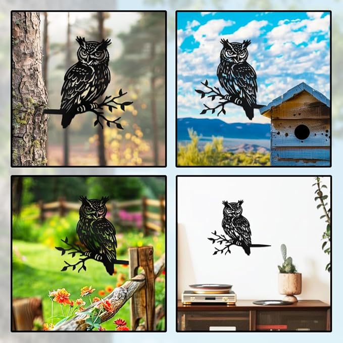 WADORN Owl on Branch Metal Yard Art Decor, Owl Bird Stainless Steel Outdoor Tree Silhouette Stake for Tree Yard Garden Patio Animal Outdoor Decor Gift for Housewarming Home Art Decor