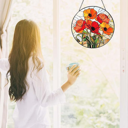 California Poppy Forest Sun Catcher 6'' Stained Glass Window Hanging Flower Lover Gifts for Women Red Poppy Kitchen Decor Suncatcher Decoration for Home Garden Housewarming Gifts