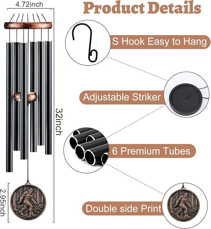 Bigfoot Wind Chimes for Outside - 32" Deep Tone Sasquatch Wind Chime Outdoor, Father's Day Christmas Birthday Gifts to Dad Grandpa, Big Foot Memorial Sympathy Wind Chimes Garden Yard Decor