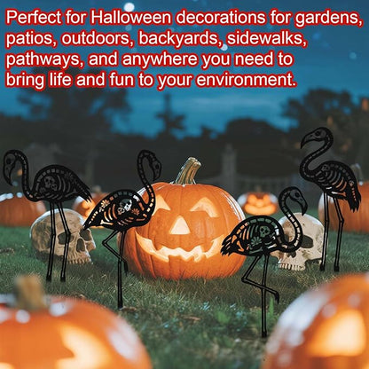 4pcs Halloween Skeleton Flamingo Yard Decorations, Skull Zombie Spooky Flamingo with Metal Stakes for Lawn Graveyard Outdoor & Halloween Outside Garden Ornaments (Black)