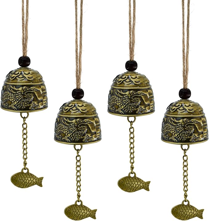 MrMrKura 4 Pcs Vintage Dragon Fengshui Bell, Brass Bless Wind Chimes for Outside Hanging Bell for Good Luck Home Garden Patio Indoor Outdoor Decor