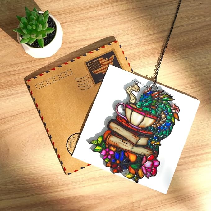 Book Dragon Handmade Artisan Resin Sun Catcher, Book Suncatchers for Window Hanging, Bookish Gifts for Readers Book Lovers Bookworm, Gift for Mother's Day, Women, Mom, Wife, Grandma