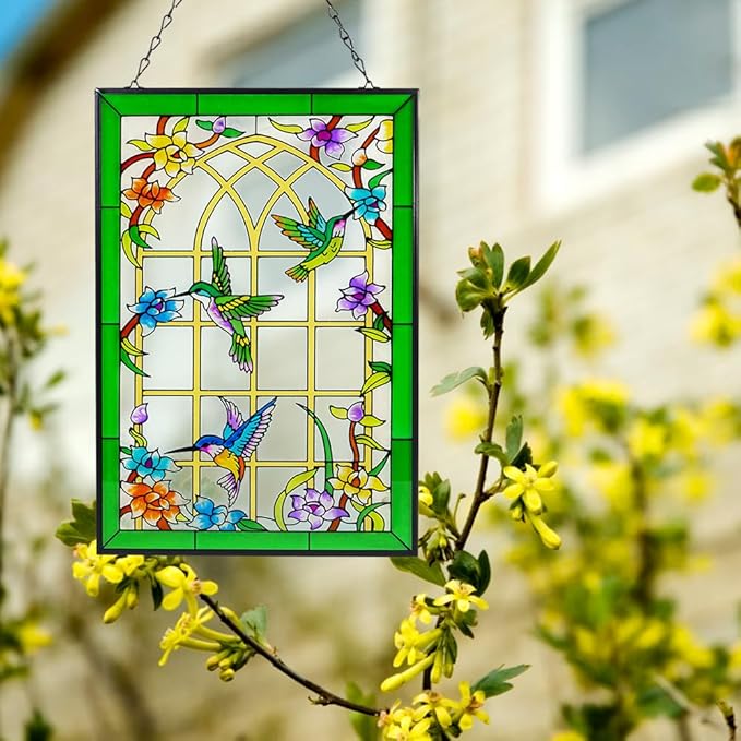 Viveta Hummingbird Stained Glass Window Hanging, Suncatchers Stained Glass Panels Hand-Painted Art Decor with Chain, Gift for Mom Grandma Christmas Decor 10 * 15"