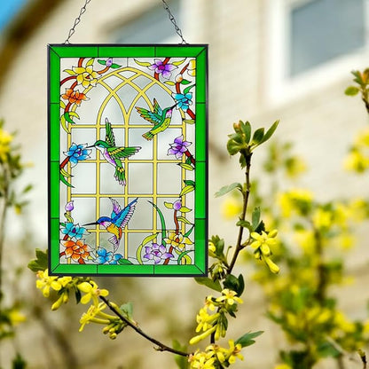 Viveta Hummingbird Stained Glass Window Hanging, Suncatchers Stained Glass Panels Hand-Painted Art Decor with Chain, Gift for Mom Grandma Christmas Decor 10 * 15"
