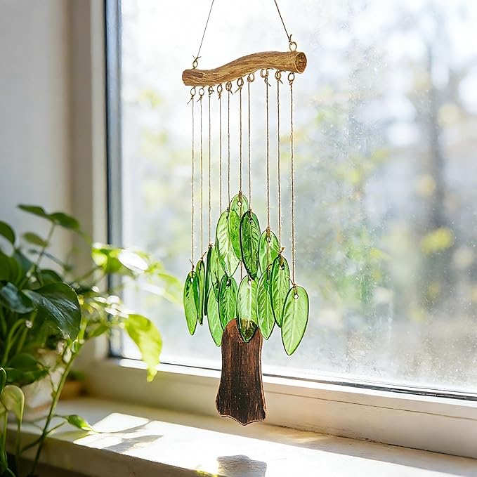 YU FENG Natural Green Leaf Glass Wind Chime, Handcrafted with Iron Wood-Look Hanging Bar, Metal Chime, Hanging Decor for Patio, Window & Garden