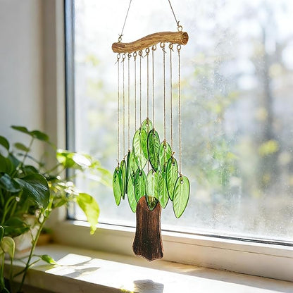 YU FENG Natural Green Leaf Glass Wind Chime, Handcrafted with Iron Wood-Look Hanging Bar, Metal Chime, Hanging Decor for Patio, Window & Garden