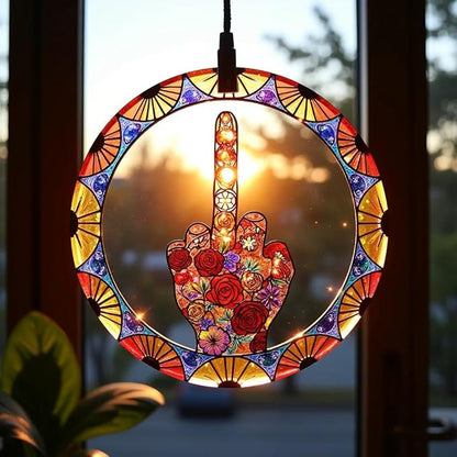 Middle Finger Suncatcher Color Stained Glass Window Hanging, Handmade Acrylic Funny Light Sun Catcher Indoor Outdoor Wall Hanger Ornament, Hand-Painted Glass Panel Decor for Home Office (E)