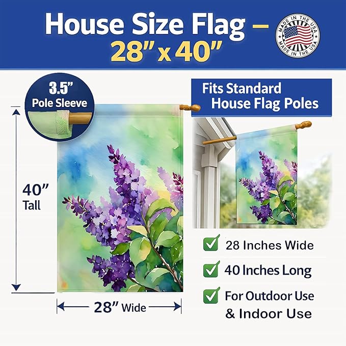 Caroline's Treasures New Hampshire Purple Lilac in Watercolor House Flag Large Porch Sleeve Pole Decorative Outside Yard Banner Artwork Wall Hanging, Polyester, House Size, Multicolor