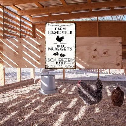 Farm Fresh Nuggets Squeezed Daily Chicken Metal Tin Sign Chicken Coop Signs for Coop Outdoor Funny Chicken Coop Decor Vintage Hen House Sign 12x8 Inch