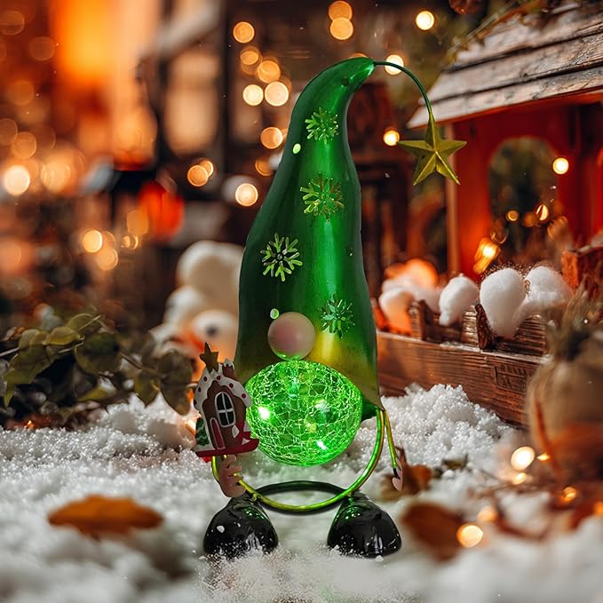 HONGLAND Christmas Gnomes Garden Decor Solar Outdoor Decorations Gnome Yard for Mom, Color Changing LED Lights with Snowflake Hollowed-Out Hat (Green)