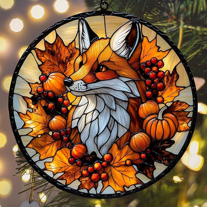 Autumn Lovely Fox Acrylic Suncatcher Stained Glass Effect Window Car Hanging Christmas Ornament Indoor Outdoor Decor Garden Sun Catcher Panel for Fox Lover for Women Mom Grandma