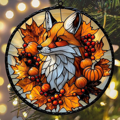 Autumn Lovely Fox Acrylic Suncatcher Stained Glass Effect Window Car Hanging Christmas Ornament Indoor Outdoor Decor Garden Sun Catcher Panel for Fox Lover for Women Mom Grandma