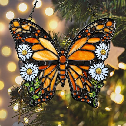 Vivid Tiffany Butterfly Floral Acrylic Suncatcher Stained Glass Effect Window Car Hanging Christmas Ornament Indoor Outdoor Decor Garden Sun Catcher Panel for Butterfly Lover for Women Mom Grandma
