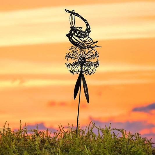 Flower Fairy Dancing with Dandelion Garden Sculpture,Angel Metal Ornaments Stainless Steel Statue Decorations,Wonderland Outdoor Yard Lawn Patio Stakes Sculptures Decor (G)