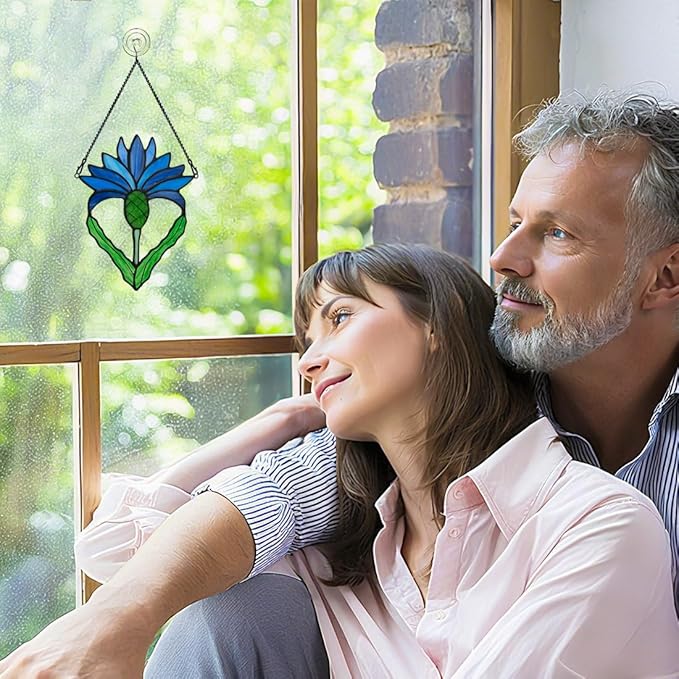 Scottish Thistle Flower Gifts Stained Glass Window Hanging,Fake Blue Flowers Decor Stained Glass Suncatcher,Artificial Flower Gift for Women Mom Grandma