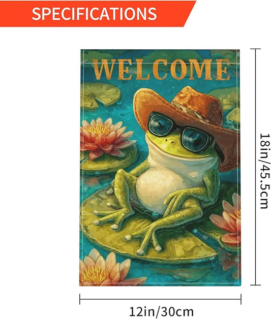 Frog Garden Flag Seasonal Double Sided 12 x 18 Inch Small Yard Flag for Indoor Outdoor Decor Holiday All Seasons