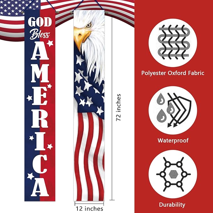 Deroro 4th of July God Bless America Patriotic Eagle Porch Banner Sign, Memorial Day American Flag Stars Stripe Front Door Decorative Hanging Welcome Banner, USA Decoration Home Outdoor Yard Decor