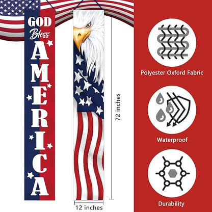 Deroro 4th of July God Bless America Patriotic Eagle Porch Banner Sign, Memorial Day American Flag Stars Stripe Front Door Decorative Hanging Welcome Banner, USA Decoration Home Outdoor Yard Decor