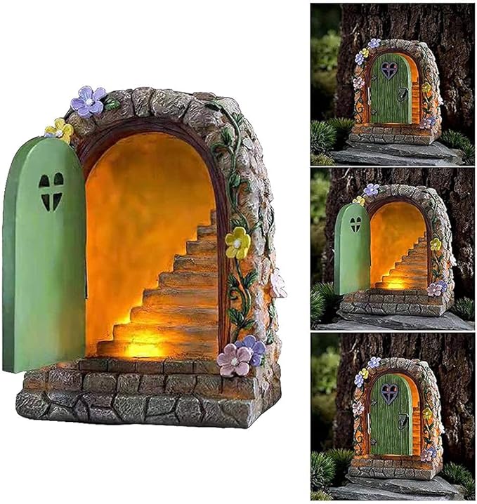 FitBest Fairy Garden Doors Decoration, Solar Miniature Door Sculpture, Outdoor Garden Statue for Tree Yard Lawn Patio Ornament Decoration