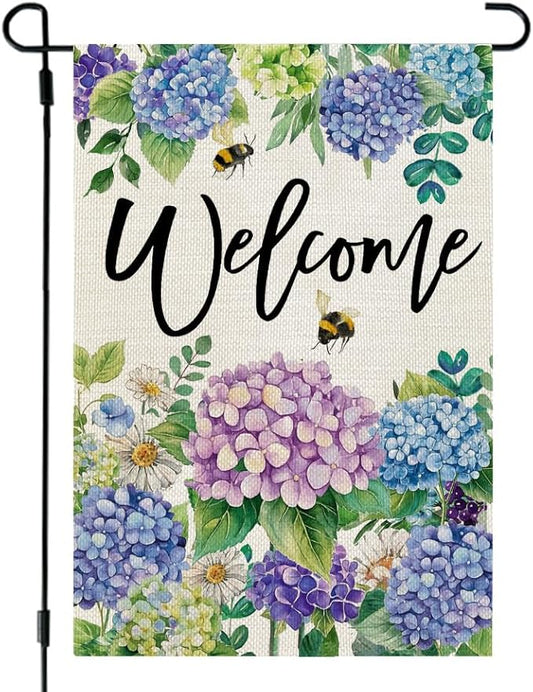CROWNED BEAUTY Spring Garden Flag Floral Hydrangea Double Sided 12x18 Inches Small Burlap Welcome Holiday Seasonal Yard Decoration for Outside Porch CF1751-12