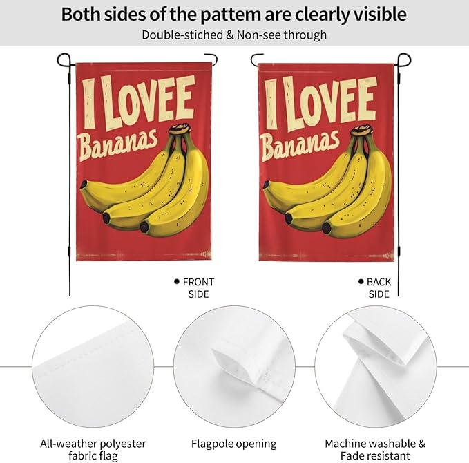 I Love Bananas Garden Flag Double Sided Flags For Room Outside Yard Flag Outdoor Banner Wall Art Hanging 12.5"X18"