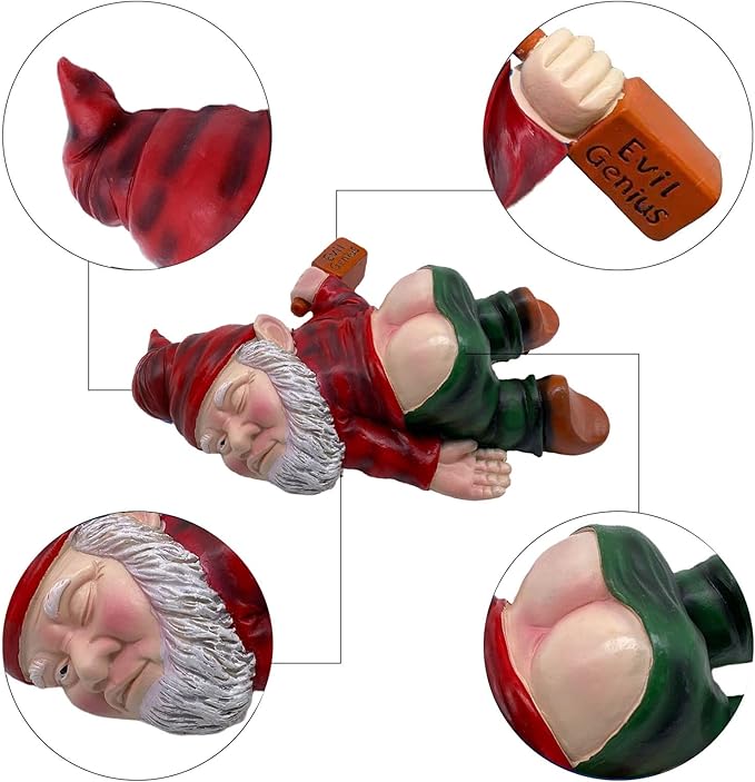 MINICAR Gnome Statue Outdoor Decor 9.5 Inch L, Funny Garden Yard Patio Ornament Decoration, Naughty, Red