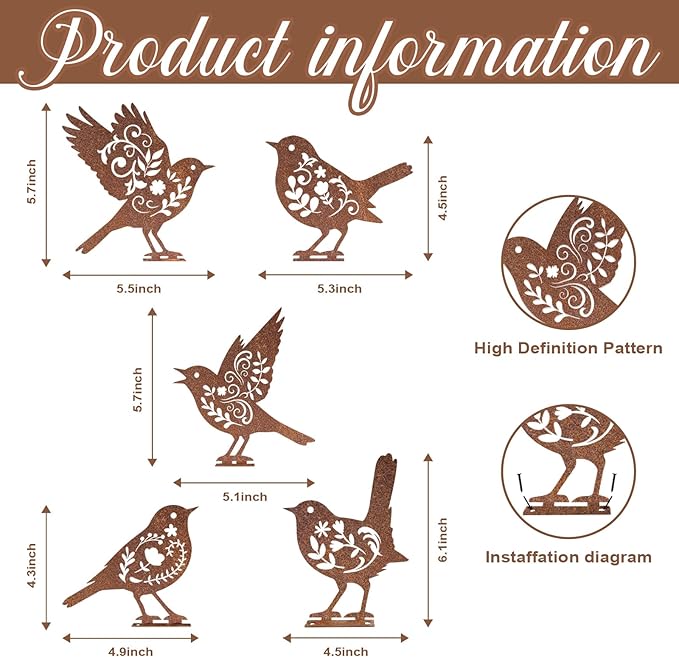 Pigort Metal Birds Fence Decoration,Yard and Garden Decor, Backyard Craft Statue Ornaments - Garden Sculptures and Yard Art