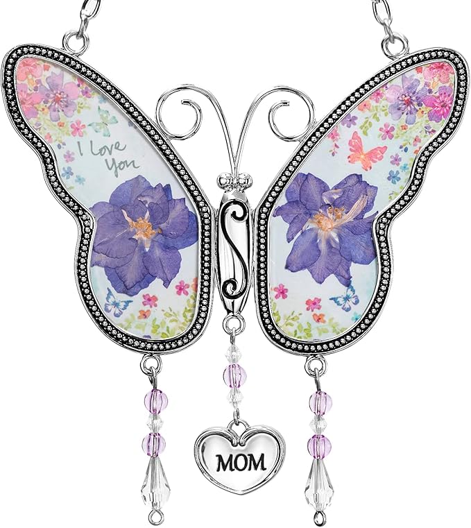 Butterfly Suncatcher with Pressed Flower Wings, Butterfly-Shaped Glass Wind Chimes with Real Flowers,Mother Heart Charm Wind Chime Gifts for Grandma Mother's Day