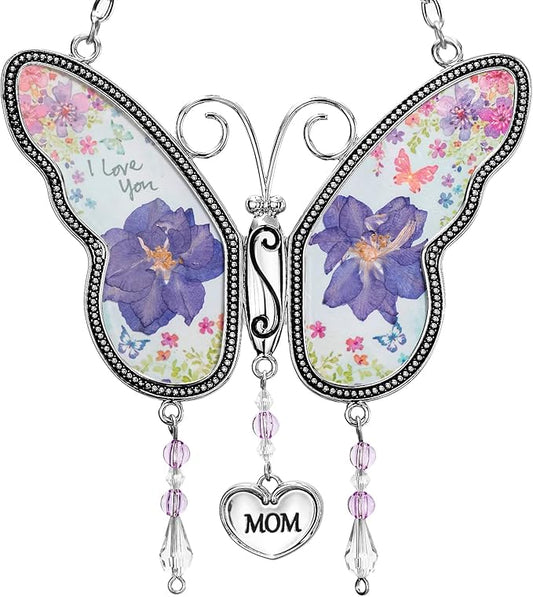 Butterfly Suncatcher with Pressed Flower Wings, Butterfly-Shaped Glass Wind Chimes with Real Flowers,Mother Heart Charm Wind Chime Gifts for Grandma Mother's Day