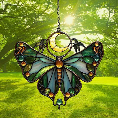 Cresent Moon Luna Moth Acrylic Suncatcher Stained Glass Effect Window Car Hanging Christmas Ornament Indoor Outdoor Decor Garden Sun Catcher Panel for Butterfly Lover for Women Mom Grandma