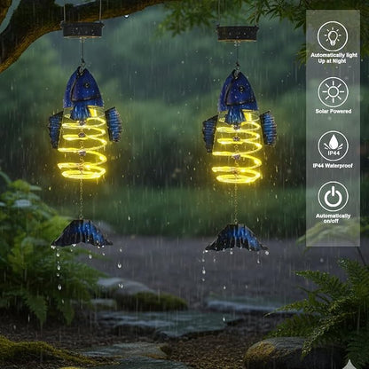 2 Pack Fish Solar Lights Outdoor Hanging Lantern with Handle, Solar Powered Fish Garden Decor for Outside Patio Yard Porch Pathway Fish Gifts for Women (Warm White LED Lights)