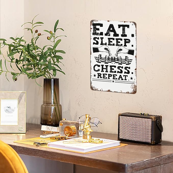 Retro Tin Signs Eat Chess Repeat Chess Player Fan 8x12 Inches Metal Wall Decor for Garden,Kitchen,Living Room,Patio,Office,Bathroom,and More! Vintage Funny Sign