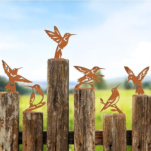 6 Pcs Hummingbirds Fence Decor, Outdoor Garden Metal Bird Decoration, Metal Art Ornament for Yard, Double-Side Design
