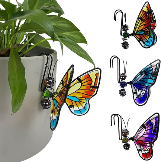 Metal Butterfly Flower Pot Huggers Dreamy Butterflies Planter Hanging Figurines with Color Beads Fill the Body 3.5 Inch Iron Insect Garden Art Sculptures Statues Hanger Ornaments for Yard Fence (3PCS)