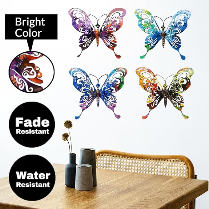 4Pcs Butterfly Metal Sign Wall Art Decor,Set of 4 Colorful Butterflies Ornament Bedroom Hanging Gifts for Birthday Housewarming,Butterfly Decorate for Fence Garden Yard Patio Farmhouse Front Door