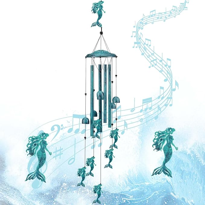 Mermaid Wind Chimes for Outside/Indoors, Mermaid Gifts for Women Mom Grandma, Aluminum Tubes Windchimes S Hook, 37" Wind Chime Hanging Decor for Home Patio Garden Porch Yard (Blue-Mermaid)
