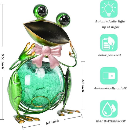 MUMTOP Frog Garden Decor, Frog Solar Lights Outdoor Decorative Waterproof with Crackle Glass Globe and Bowknot Yard Ornaments for Tabletop Garden Lawn Outside Porch Home Decorations