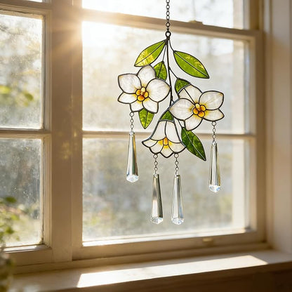 Stained Glass Flower Suncatcher for Window, Handmade Tropical Plumeria Hanging with Crystal Prisms, White Floral Window Decor, Sun Catcher Gift for Women & Plant Lovers