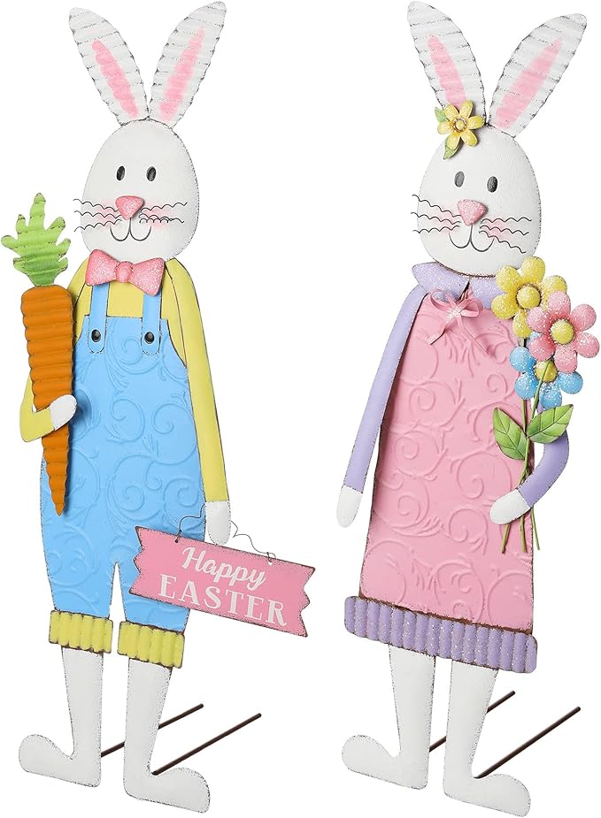 Glitzhome 36"H Easter Yard Signs, Set of 2 Metal Bunny Wall/Standing Decor, Blue & Pink, Hand Painted with Antique Treatment