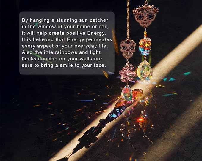 Skull-Shaped Colorful Rhinestones Pendant, Crystal Beads Chain with Glass Chandelier Suncatcher Drops Prisms Hang Ornament, Pack of 2