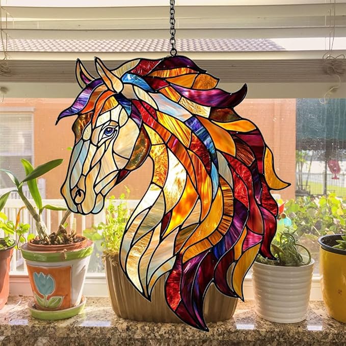 Colorful Horse Exotic Acrylic Suncatcher Stained Glass Effect Window Car Hanging Christmas Ornament Indoor Outdoor Decor Garden Sun Catcher Panel for Horse Lover for Women Mom Grandma