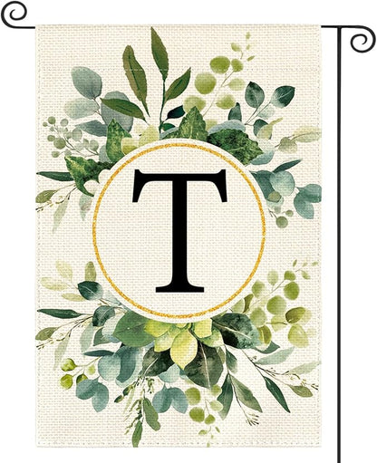 AVOIN colorlife Monogram Letter T Floral Garden Flag 12x18 Inch Double Sided Outside, Family Last Name Initial Yard Outdoor Decoration